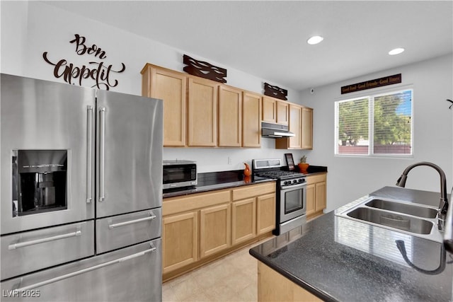 10045 Natchez Trace St, Las Vegas, NV 89178 - kitchen with appliances with stainless steel finishes, under cabinet range hood, light brown cabinets, and recessed lighting