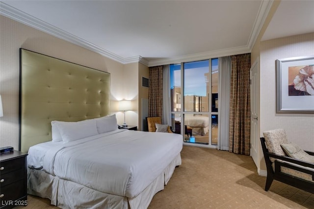 135 E Harmon Ave Unit 2821, Las Vegas, NV 89109 - bedroom featuring crown molding, light carpet, and wallpapered walls