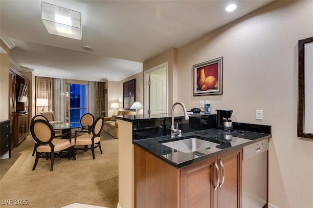 135 E Harmon Ave Unit 2821, Las Vegas, NV 89109 - kitchen featuring stainless steel dishwasher, open floor plan, brown cabinetry, ornamental molding, and light flooring