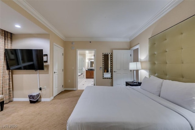 135 E Harmon Ave Unit 2821, Las Vegas, NV 89109 - bedroom featuring light colored carpet, ornamental molding, and ensuite bath