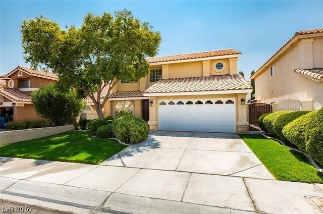 8225 Bermuda Beach Dr, Las Vegas, NV 89128 - mediterranean / spanish home featuring concrete driveway, stucco siding, a tiled roof, a garage, and a gate