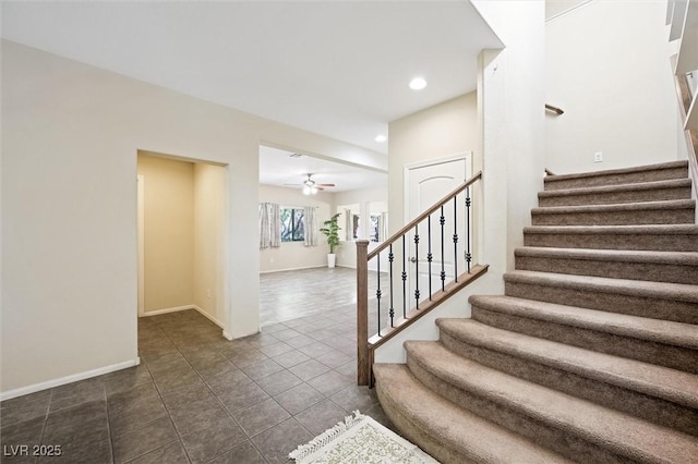 6713 Guidestar St, North Las Vegas, NV 89084 - stairway featuring tile patterned floors, a ceiling fan, and recessed lighting