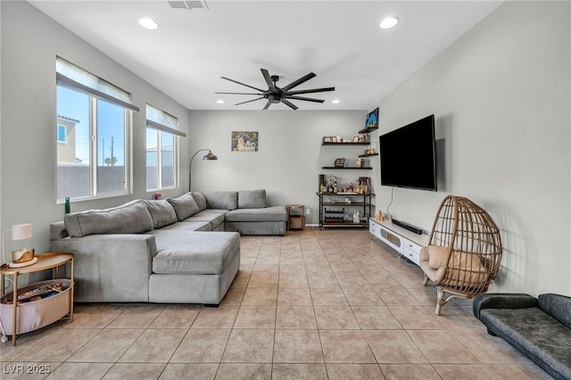 2024 Mystic Wave Rd, North Las Vegas, NV 89031 - living room featuring ceiling fan, light tile patterned floors, and recessed lighting