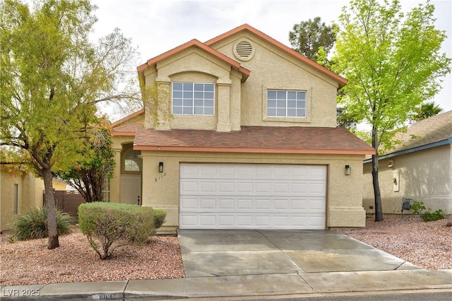 8113 Bay Springs Dr, Las Vegas, NV 89128 - traditional-style house with stucco siding, an attached garage, concrete driveway, and roof with shingles