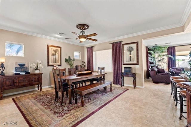 8623 Kennedy Heights Ct, Las Vegas, NV 89131 - dining space featuring crown molding, healthy amount of natural light, a ceiling fan, and light tile patterned floors