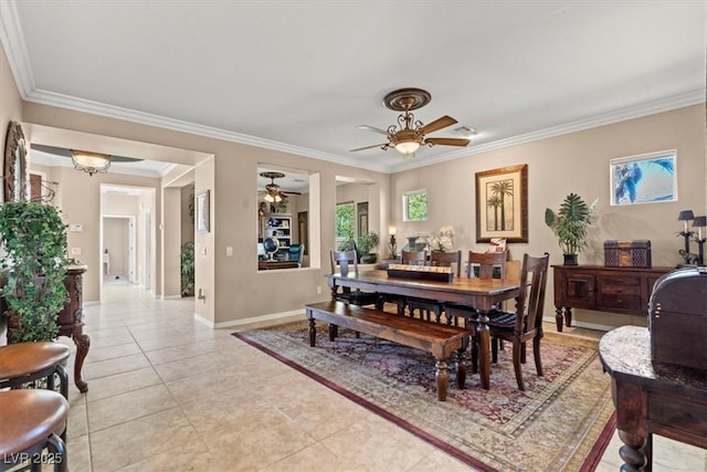 8623 Kennedy Heights Ct, Las Vegas, NV 89131 - dining room with a ceiling fan, crown molding, light tile patterned floors, and plenty of natural light