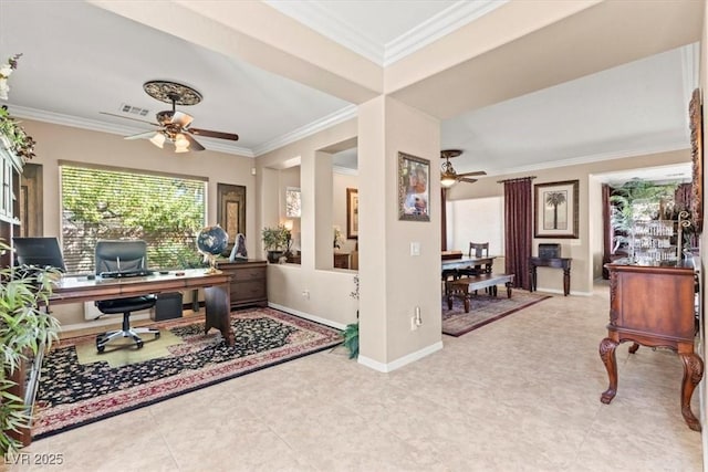 8623 Kennedy Heights Ct, Las Vegas, NV 89131 - tiled home office with ceiling fan and crown molding