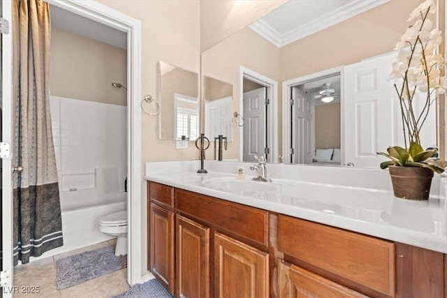 8623 Kennedy Heights Ct, Las Vegas, NV 89131 - bathroom with ornamental molding, vanity, shower / bath combo with shower curtain, and tile patterned flooring