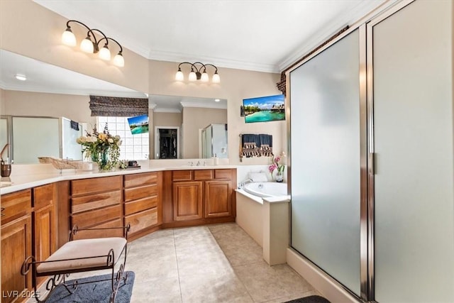 8623 Kennedy Heights Ct, Las Vegas, NV 89131 - bathroom featuring a shower stall, double vanity, crown molding, a garden tub, and tile patterned floors