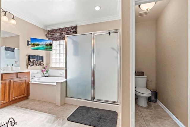 8623 Kennedy Heights Ct, Las Vegas, NV 89131 - bathroom with vanity, a stall shower, crown molding, a bath, and tile patterned floors