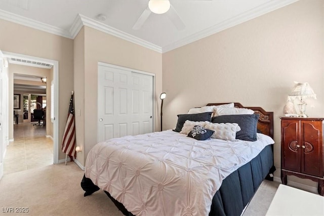 8623 Kennedy Heights Ct, Las Vegas, NV 89131 - carpeted bedroom with ornamental molding, a ceiling fan, and a closet