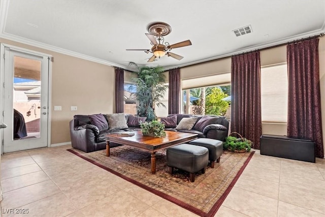 8623 Kennedy Heights Ct, Las Vegas, NV 89131 - living room featuring light tile patterned floors, a ceiling fan, and ornamental molding