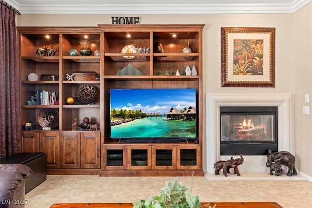 8623 Kennedy Heights Ct, Las Vegas, NV 89131 - living room with ornamental molding and a glass covered fireplace