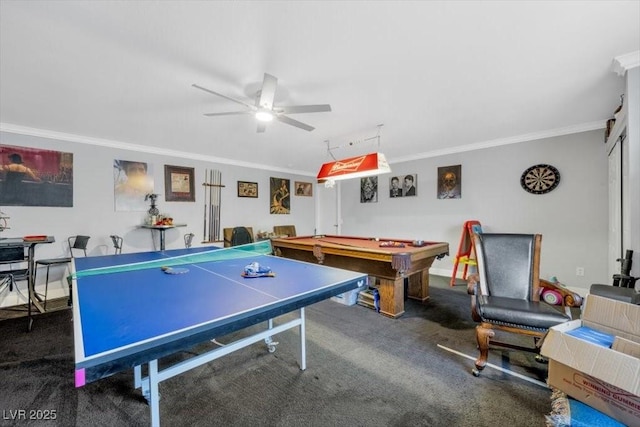 7026 Westpark Ct, Las Vegas, NV 89147 - playroom with carpet, crown molding, ceiling fan, and billiards table