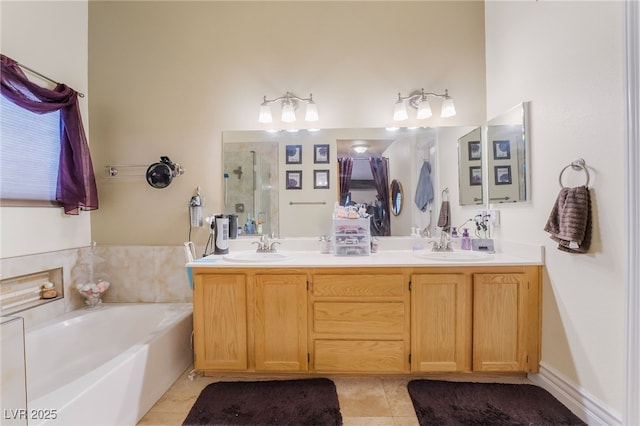 7517 Elk Meadows Ct, Las Vegas, NV 89131 - full bath featuring a stall shower, double vanity, a bath, and tile patterned floors