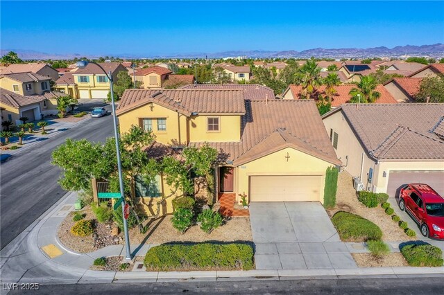 8026 Sunset Creek St, Las Vegas, NV 89113 - view of front facade with a residential view, stucco siding, an attached garage, a tile roof, and concrete driveway