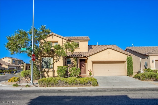 8026 Sunset Creek St, Las Vegas, NV 89113 - view of front facade with a tiled roof, stucco siding, an attached garage, and concrete driveway
