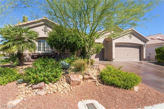 4014 Trapani Pl, Las Vegas, NV 89141 - obstructed view of property with stucco siding, an attached garage, driveway, and a tile roof
