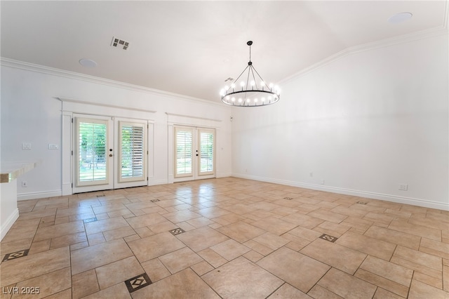 4014 Trapani Pl, Las Vegas, NV 89141 - spare room featuring french doors, crown molding, a chandelier, and vaulted ceiling