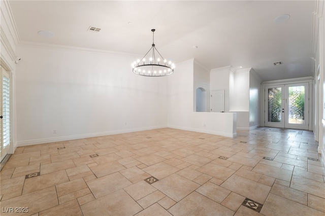 4014 Trapani Pl, Las Vegas, NV 89141 - spare room featuring a chandelier, french doors, ornamental molding, and light stone finish flooring