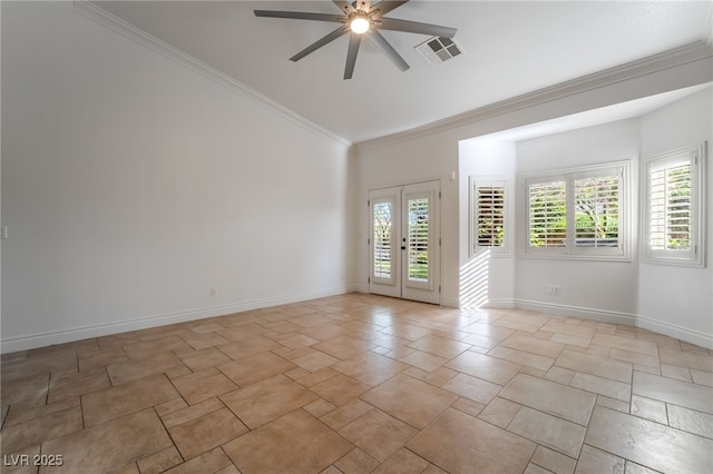 4014 Trapani Pl, Las Vegas, NV 89141 - empty room with a ceiling fan, vaulted ceiling, stone tile flooring, and ornamental molding