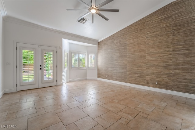 4014 Trapani Pl, Las Vegas, NV 89141 - spare room with ceiling fan, crown molding, lofted ceiling, light stone finish flooring, and french doors