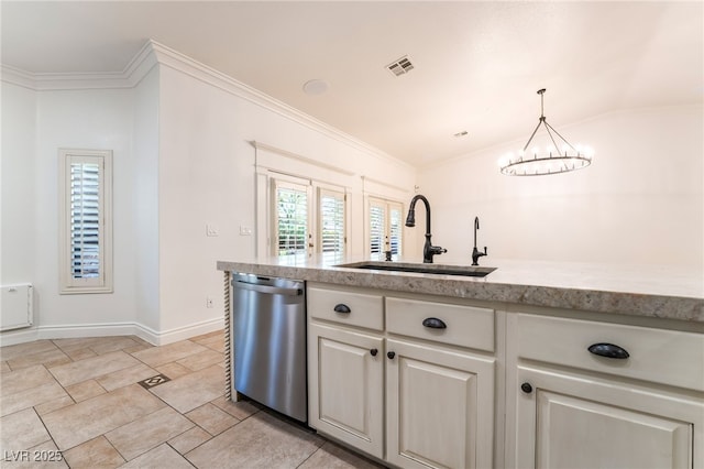 4014 Trapani Pl, Las Vegas, NV 89141 - kitchen with dishwasher, ornamental molding, lofted ceiling, decorative light fixtures, and white cabinetry