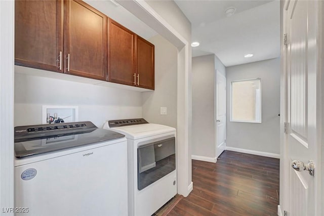 3908 Total Eclipse St, Las Vegas, NV 89129 - laundry room with cabinet space, independent washer and dryer, dark wood-type flooring, and recessed lighting