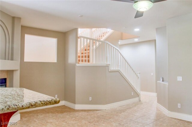 72 Broken Putter Way, Las Vegas, NV 89148 - staircase featuring tile patterned flooring, ceiling fan, recessed lighting, and a fireplace