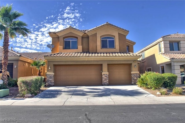 72 Broken Putter Way, Las Vegas, NV 89148 - view of front of property with stucco siding, an attached garage, stone siding, driveway, and a tile roof