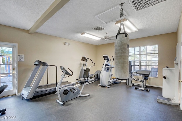 6652 Coral Springs Cir, Las Vegas, NV 89108 - exercise room featuring plenty of natural light, a textured ceiling, and a ceiling fan