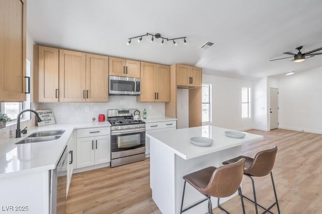 6456 First View Ave, Las Vegas, NV 89142 - kitchen with stainless steel appliances, a breakfast bar, light countertops, and light wood-style flooring