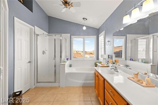262 Cielito Lindo St, Henderson, NV 89012 - full bathroom featuring a garden tub, lofted ceiling, a shower stall, a ceiling fan, and vanity