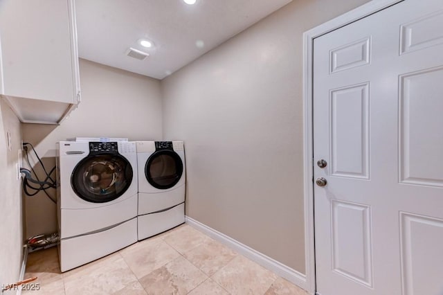 8729 Pesaro Dr, Las Vegas, NV 89117 - laundry room featuring cabinet space, washer and clothes dryer, light tile patterned floors, and recessed lighting