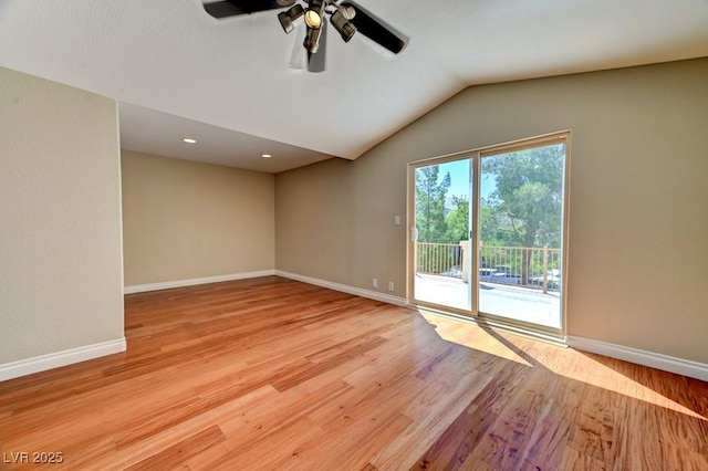 8729 Pesaro Dr, Las Vegas, NV 89117 - unfurnished room featuring a ceiling fan, wood finished floors, lofted ceiling, and recessed lighting