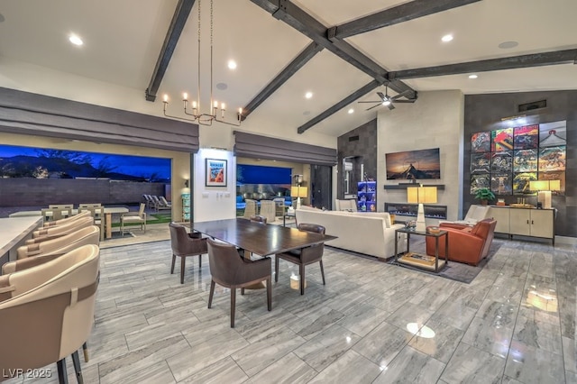 12544 Claymore Highland Ave, Las Vegas, NV 89138 - dining space with beam ceiling, a ceiling fan, recessed lighting, high vaulted ceiling, and wood finished floors