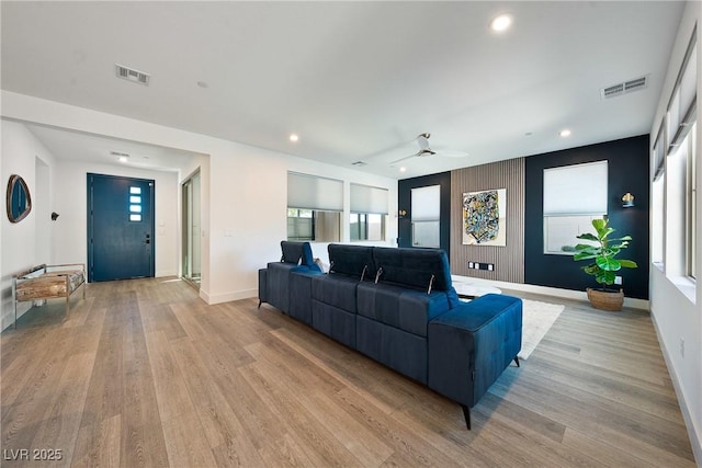 2722 Marchetti Pl, Henderson, NV 89044 - living room featuring light wood-style floors, a ceiling fan, and recessed lighting