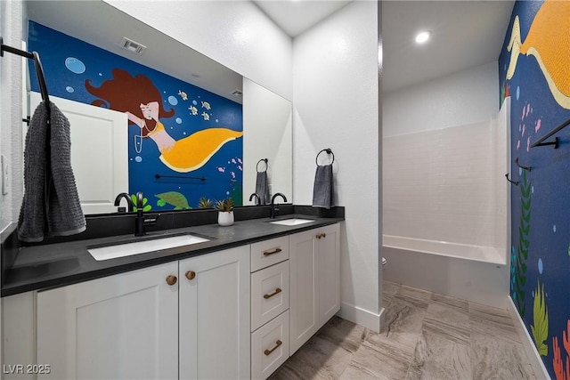 2722 Marchetti Pl, Henderson, NV 89044 - full bathroom with double vanity, marble finish floors, and bathing tub / shower combination