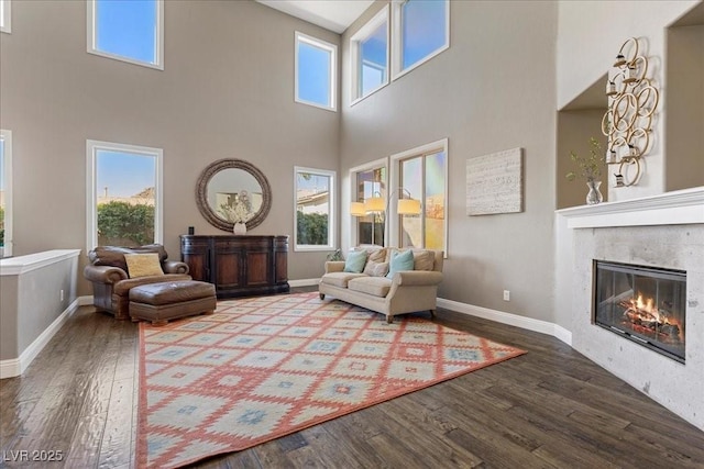 364 Trentino Alto St, Henderson, NV 89012 - living area with healthy amount of natural light, a high ceiling, wood finished floors, and a glass covered fireplace