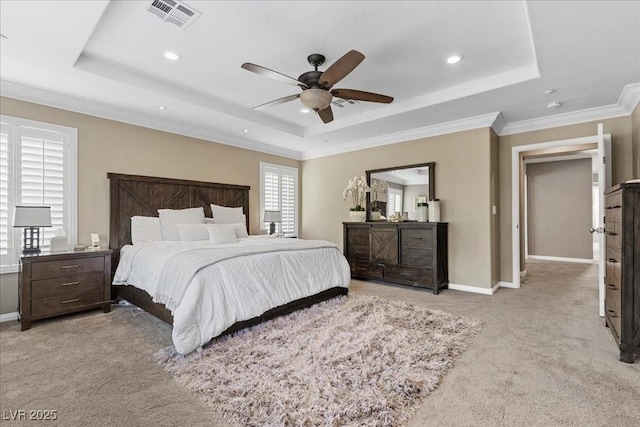 364 Trentino Alto St, Henderson, NV 89012 - bedroom featuring a raised ceiling, carpet flooring, recessed lighting, a ceiling fan, and crown molding