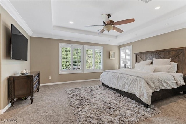 364 Trentino Alto St, Henderson, NV 89012 - bedroom with a raised ceiling, carpet, crown molding, recessed lighting, and ceiling fan