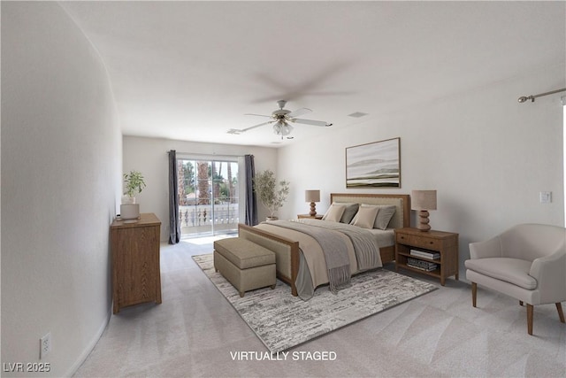 9604 Summer Cypress St, Las Vegas, NV 89123 - bedroom with light carpet, access to exterior, and a ceiling fan