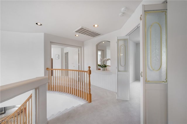 9604 Summer Cypress St, Las Vegas, NV 89123 - hall with carpet, recessed lighting, and an upstairs landing