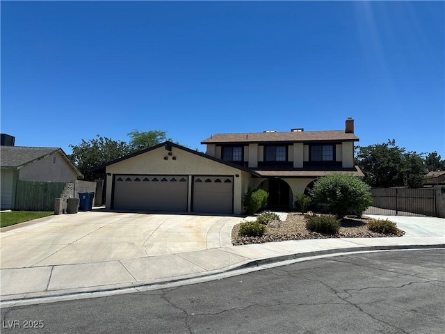 6817 Neepawa Cir, Las Vegas, NV 89108 - view of front of property with an attached garage, stucco siding, concrete driveway, and a chimney