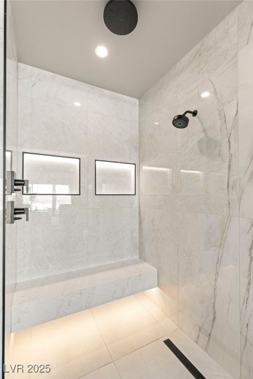 12 Desert Lake Ln, Henderson, NV 89011 - full bathroom with a marble finish shower, recessed lighting, and tile patterned flooring
