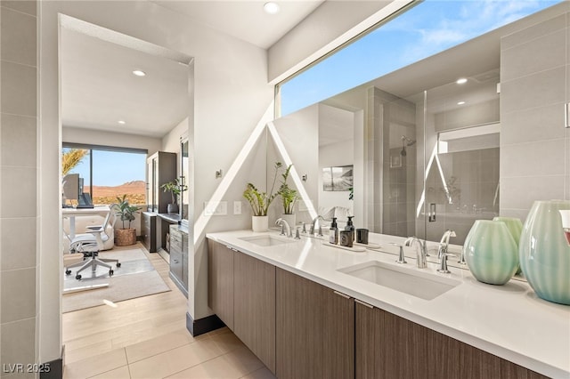 12 Desert Lake Ln, Henderson, NV 89011 - bathroom featuring double vanity, a stall shower, and recessed lighting