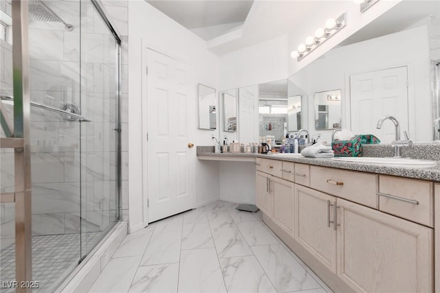 998 Hunters Run Dr, Henderson, NV 89002 - full bath with a shower stall, marble look tile flooring, and double vanity
