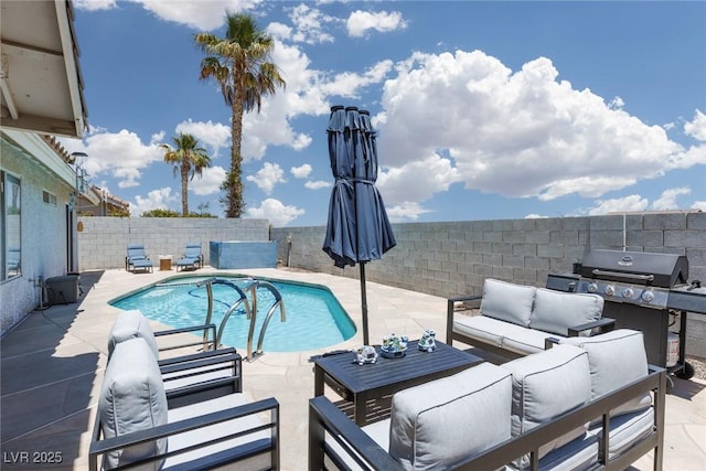998 Hunters Run Dr, Henderson, NV 89002 - view of swimming pool featuring an outdoor living space, area for grilling, a patio area, and a fenced backyard