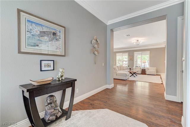 5913 Audria Falls Ave, Las Vegas, NV 89131 - hallway with ornamental molding and wood finished floors