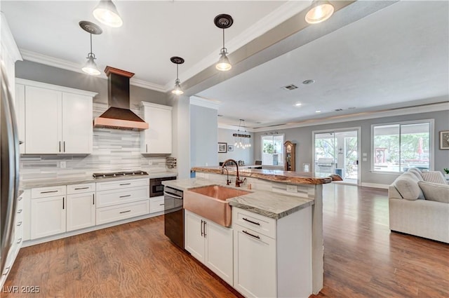 5913 Audria Falls Ave, Las Vegas, NV 89131 - kitchen with wall chimney exhaust hood, ornamental molding, open floor plan, appliances with stainless steel finishes, and dark wood-style flooring